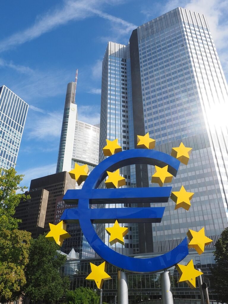 euro tower, skyscraper, downtown, frankfurt am main germany, building, bank für gemeinwirtschaft, bfg, ecb-central, european central bank, ecb, euro-sculpture, euro sign, artwork, frankfurt, ottmar hörl, plastic neon sign, neon sign, the euro sign and the stars, willy-brandt-platz, blue, yellow, stars, eurozone, blue yellow, ecb, ecb, ecb, ecb, ecb